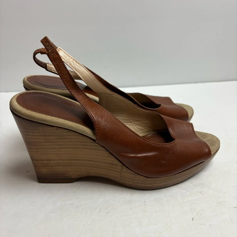 MaxMara Brown Leather Slingback Wedge Sandals Women’s size 37 6.5 Italy - Picture 5 of 10